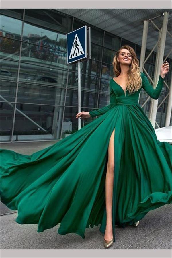 A-Line V-Neck Long Sleeves Dark Green Prom Dress with Split PSK082 US8 / Custom Color A-Line V-Neck Long Sleeves Dark Green Prom Dress with Split PSK082 US8 / Custom Color