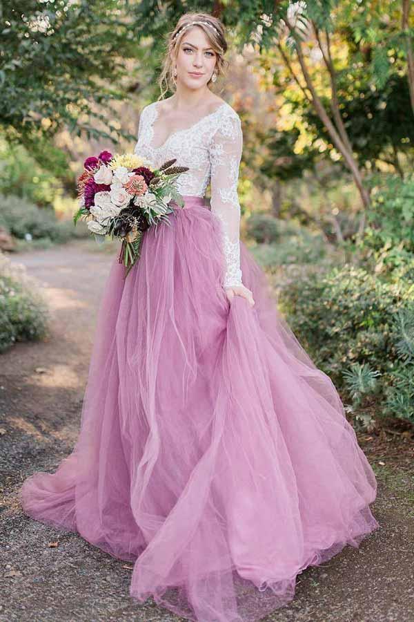 A-Line V-Neck Lace Long Sleeves Pink Tulle Wedding Dress WD311