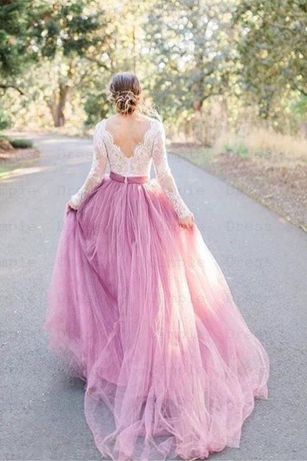 A-Line V-Neck Long Sleeves Pink Tulle Wedding Dress with Lace Appliques WD545 - Pgmdress