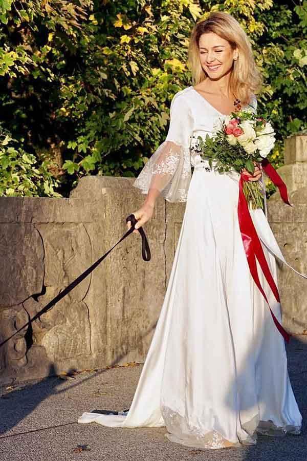 A-Line V-Neck Long Sleeves Satin Wedding Dress with Lace WD312 Custom Size / Ivory
