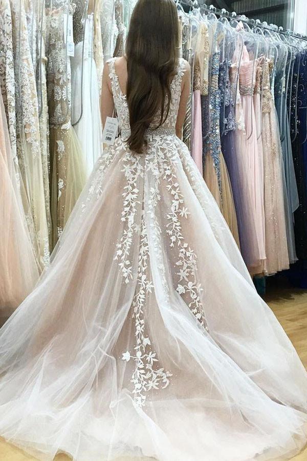 A-Line V-Neck Long Tulle Wedding Dress with Beading Appliques WD080 - Pgmdress