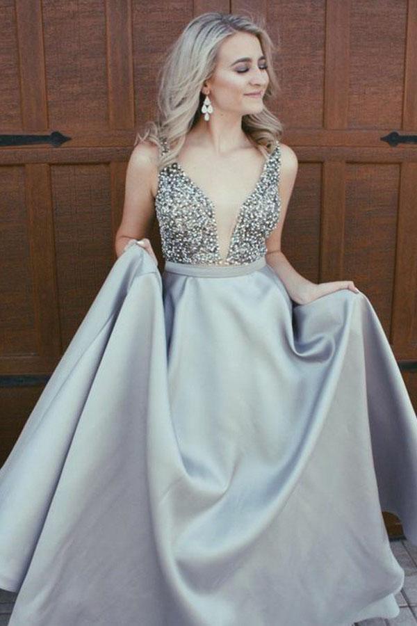 A-Line V-Neck Low Cut Royal Blue Satin Prom Dress with Beading PG758 US8 / Grey