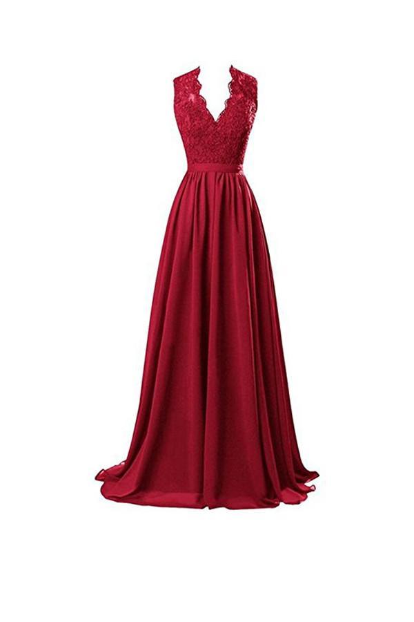 A-line V Neck Open Back Chiffon Long Evening Gown with Lace PG253 - Pgmdress