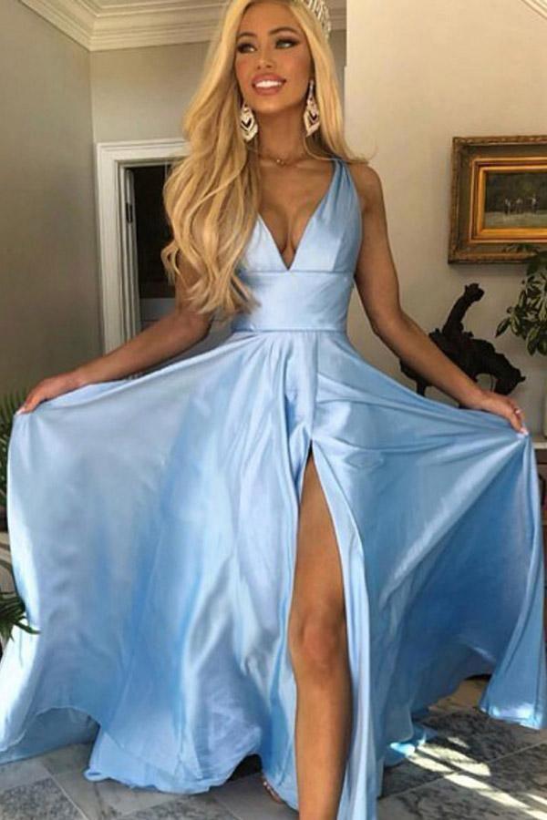 A Line V Neck Open Back Light Blue Prom Dress With Split PSK078 US10 / Light Blue A Line V Neck Open Back Light Blue Prom Dress With Split PSK078 US10 / Light Blue