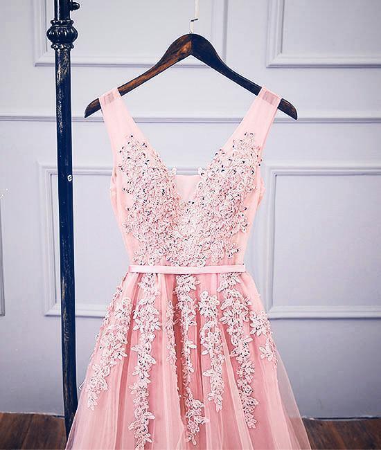 A-line V Neck Pink Tulle Lace Applique Long Prom Dress Evening Dress PSK127 - Pgmdress