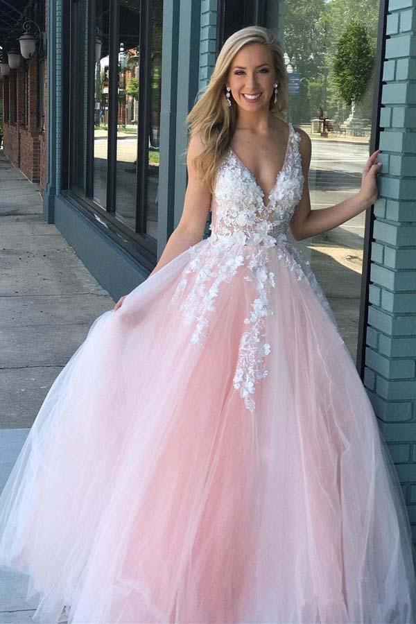 Pink v neck lace tulle long prom dress, pink tulle lace evening