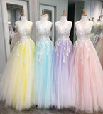 A-line V Neck Pink Tulle Prom Dresses Evening Dresses With Lace Applique PG728 - Pgmdress