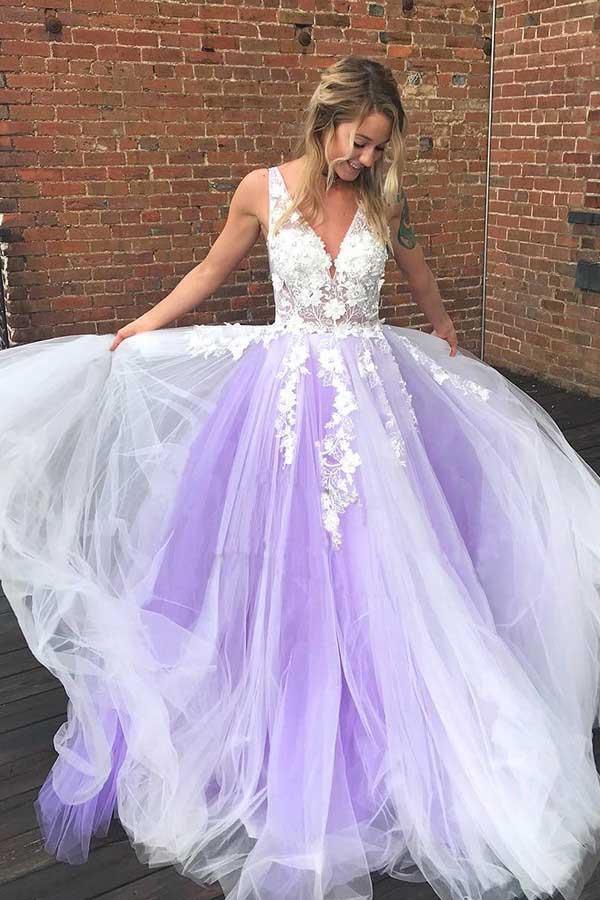 A-line V Neck Pink Tulle Prom Dresses Evening Dresses With Lace Applique PG728 - Pgmdress