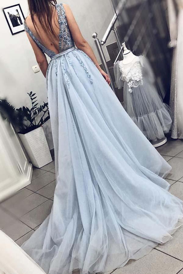A-Line V Neck Plunging Neck Light Blue Prom Dress with Beading PM239 US2 / Custom Color