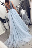 A-ligne col en V plongeant cou poudre bleu balayage robe de bal avec perles PM239