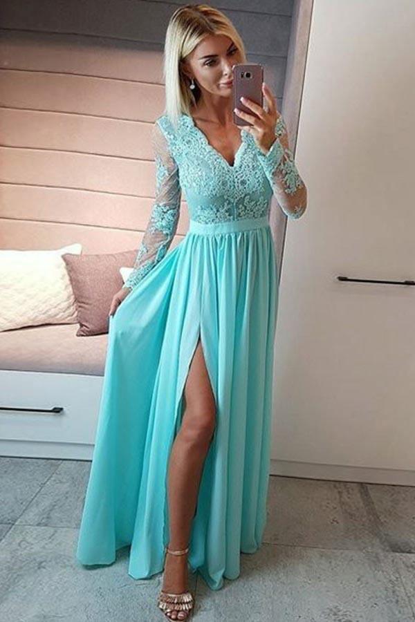 A-Line V-Neck Royal Blue Long Sleeves Prom Dress with Appliques PG996 US10 / Teal A-Line V-Neck Royal Blue Long Sleeves Prom Dress with Appliques PG996 US10 / Teal