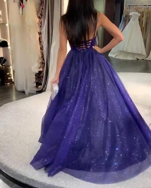 A-line V Neck Royal Blue Prom Dress Cross Back Evening Dress PSK166 - Pgmdress