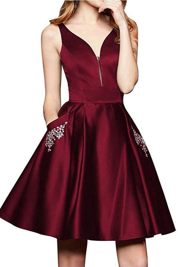 A Line V Neck Satin Burgundy Beaded Homecoming Dresses with Pockets US14 / Burgundy A Line V Neck Satin Burgundy Beaded Homecoming Dresses with Pockets US14 / Burgundy