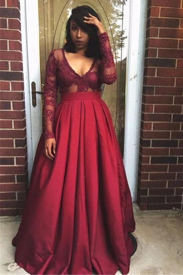 A-line V-neck Satin Burgundy Long Sleeve Prom Dress PSK175 US6 / Custom Color A-line V-neck Satin Burgundy Long Sleeve Prom Dress PSK175 US6 / Custom Color
