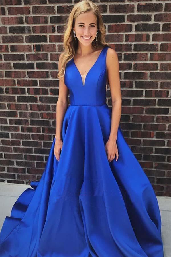 A-line V Neck Satin Simple Prom Dresses Formal Dress US2 / Royal Blue A-line V Neck Satin Simple Prom Dresses Formal Dress US2 / Royal Blue