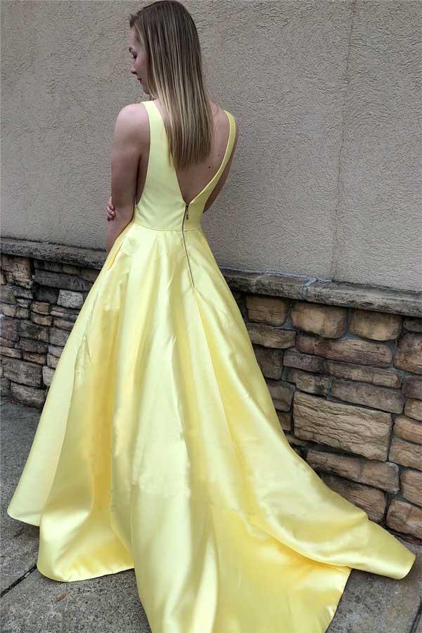 A-line V Neck Satin Simple Prom Dresses Formal Dress – Pgmdress