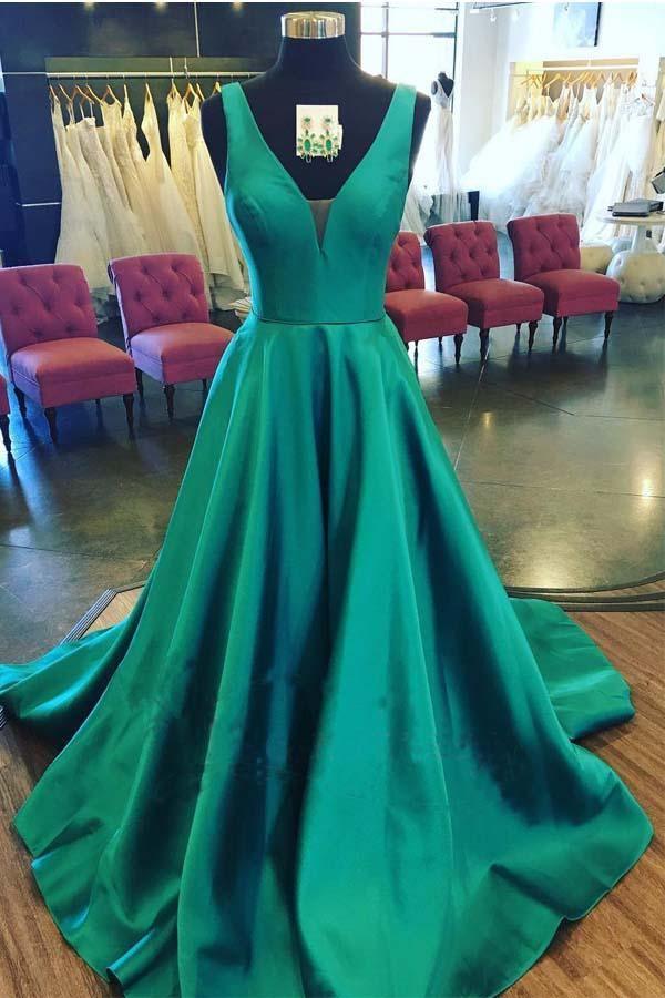 A-Line V Neck Satin Simple Prom Dresses Formal Dress US6 / Hunter A-Line V Neck Satin Simple Prom Dresses Formal Dress US6 / Hunter