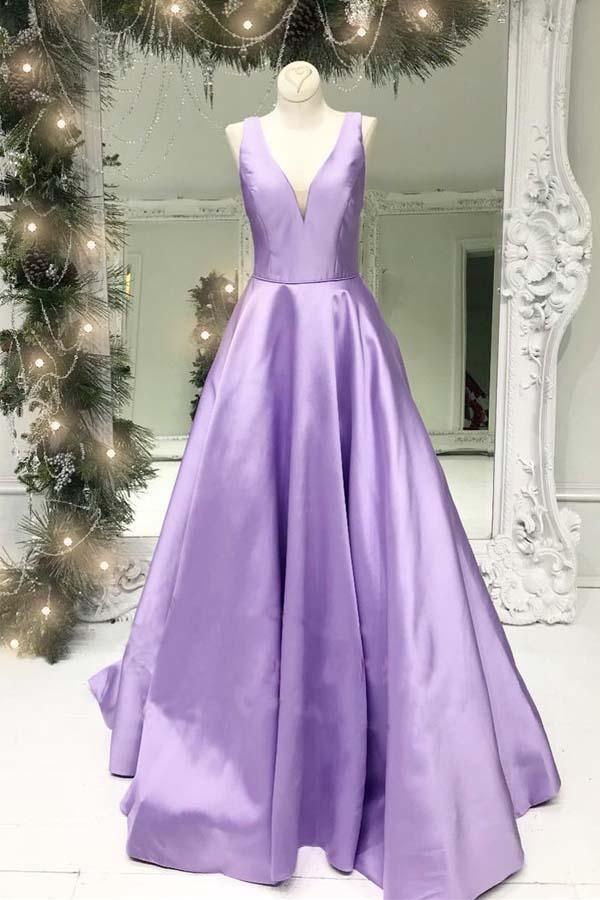 A-line V Neck Satin Simple Prom Dresses Formal Dress US14 / Lavender A-line V Neck Satin Simple Prom Dresses Formal Dress US14 / Lavender
