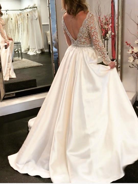 A-line V-neck See Through Bodice Beaded Long Sleeves Wedding Dresses WD454 - Pgmdress