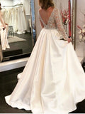 A-line V-neck See Through Bodice Beaded Long Sleeves Wedding Dresses WD454 - Pgmdress