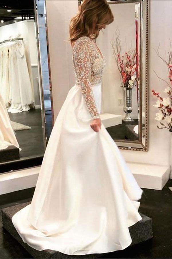 A-line V-neck See Through Bodice Beaded Long Sleeves Wedding Dress Custom Size / Ivory A-line V-neck See Through Bodice Beaded Long Sleeves Wedding Dress Custom Size / Ivory