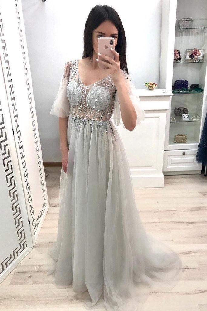 A Line V Neck Short Sleeves Grey Prom Dresses Long Tulle Prom Gown PM202 - Custom Size / Grey A Line V Neck Short Sleeves Grey Prom Dresses Long Tulle Prom Gown PM202 - Custom Size / Grey