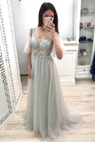 A-Linie, V-Ausschnitt, kurze Ärmel, graue Ballkleider, langes Tüll-Abschlussballkleid PM202