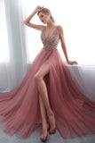 A-Line V-Neck Sleeveless Sweep Train Prom/Formal Dress with Beading PG791 - Pgmdress