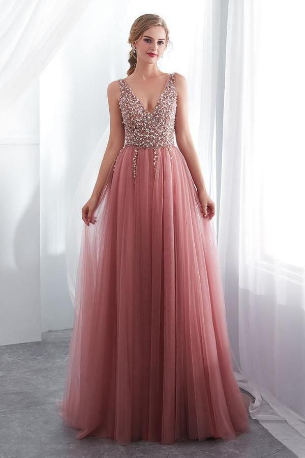 A-Line V-Neck Sleeveless Sweep Train Prom/Formal Dress with Beading PG791 - Pgmdress