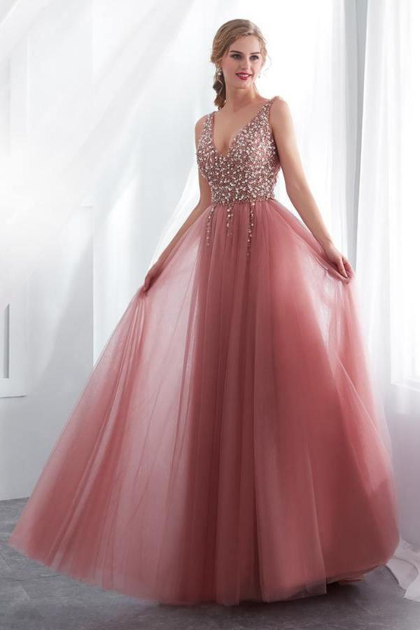 A-Line V-Neck Sleeveless Sweep Train Prom/Formal Dress with Beading PG791 - Pgmdress