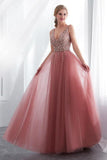 A-Line V-Neck Sleeveless Sweep Train Prom/Formal Dress with Beading PG791 - Pgmdress