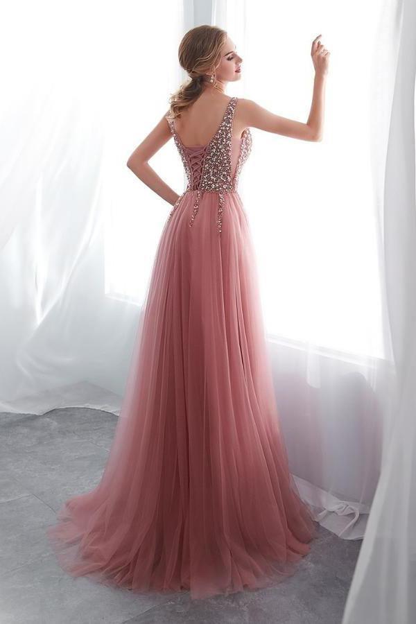 A-Line V-Neck Sleeveless Sweep Train Prom/Formal Dress with Beading PG791 - Pgmdress
