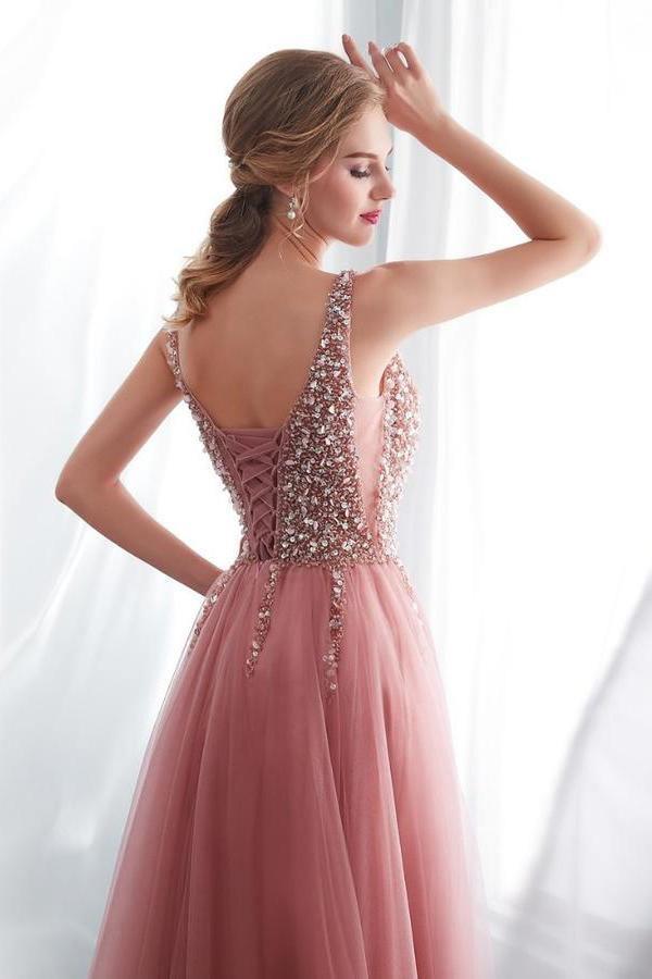 A-Line V-Neck Sleeveless Sweep Train Prom/Formal Dress with Beading PG791 - Pgmdress