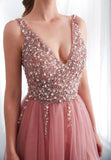 A-Line V-Neck Sleeveless Sweep Train Prom/Formal Dress with Beading PG791 - Pgmdress