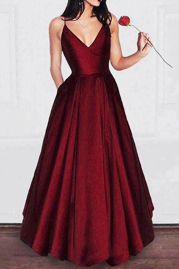 A-line V-neck Spaghetti Strap Burgundy Prom Dresses Long Evening Gowns PG679 - Pgmdress