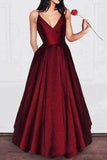 Robe de bal bordeaux à bretelles spaghetti et col en V, coupe trapèze, PG679
