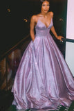 A-line V-neck Spaghetti Straps Purple Prom Dress with Pockets PSK167
