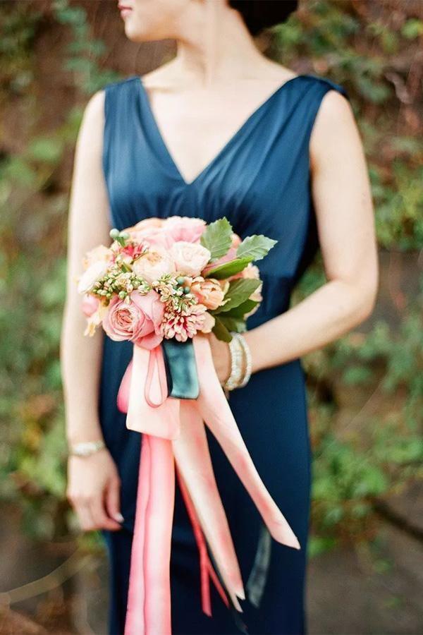 A-Line V-Neck Sweep Train Backless Navy Blue Bridesmaid Dress BD081 - Pgmdress