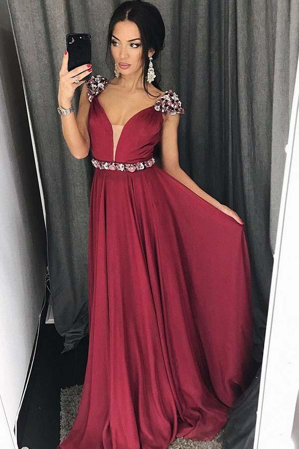 A-Line V-Neck Sweep Train Burgundy Long Prom Dress PG793 US12 / Custom Color A-Line V-Neck Sweep Train Burgundy Long Prom Dress PG793 US12 / Custom Color