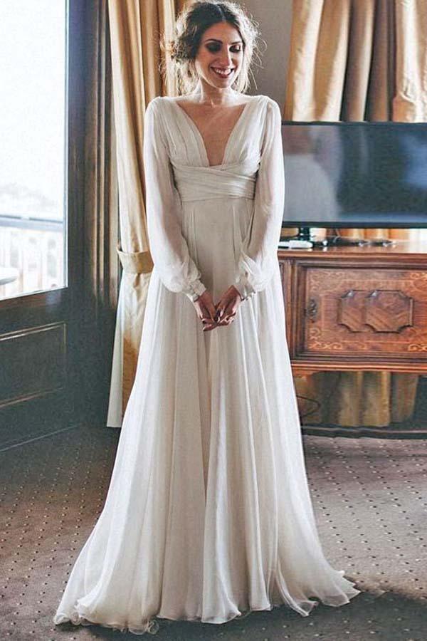 A-Line V-Neck Sweep Train Chiffon Beach Wedding Dress with Sleeves WD389 - Pgmdress