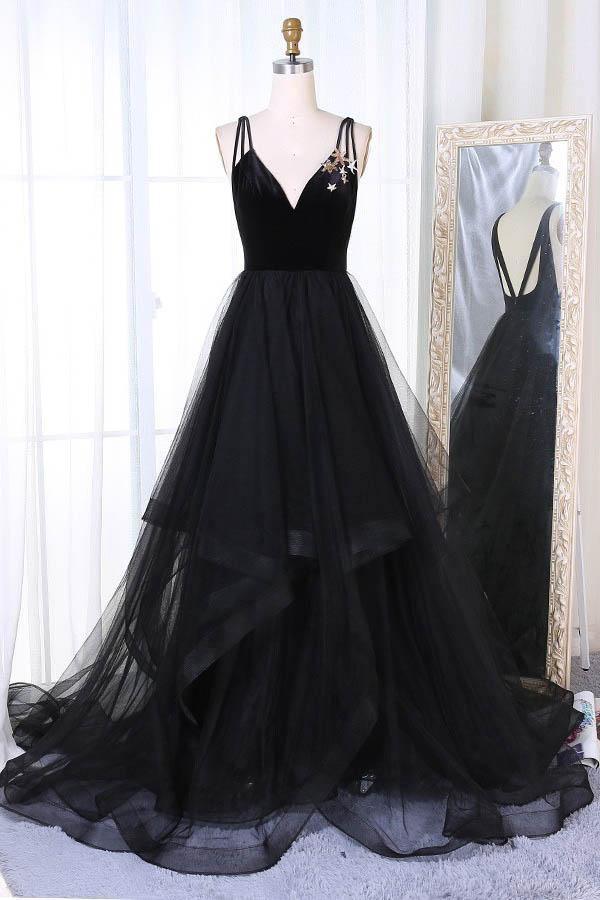 A-Line V-Neck Sweep Train Pleated Tiered Black Prom Dress PG805 US4 / Custom Color