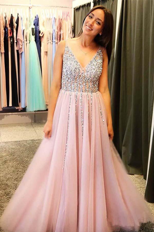 A-Line V-Neck Pearl Pink Tulle Prom Dress with Sequins Appliques  Pgmdress