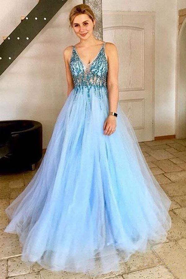 A-Line V-Neck Tulle Backless Prom Dress with Sequins Appliques PG655 - Pgmdress