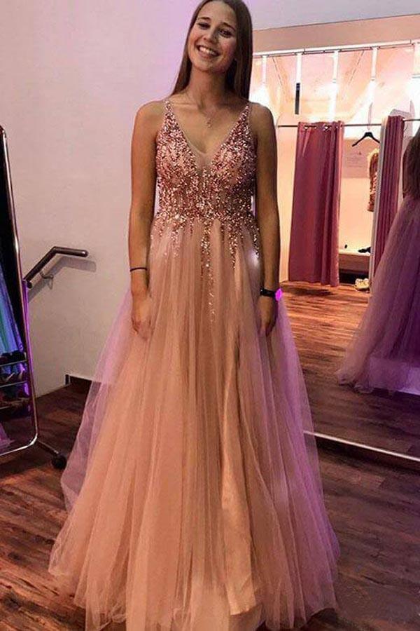 A-Line V-Neck Pearl Pink Tulle Prom Dress with Sequins Appliques US14 / Dusty Rose