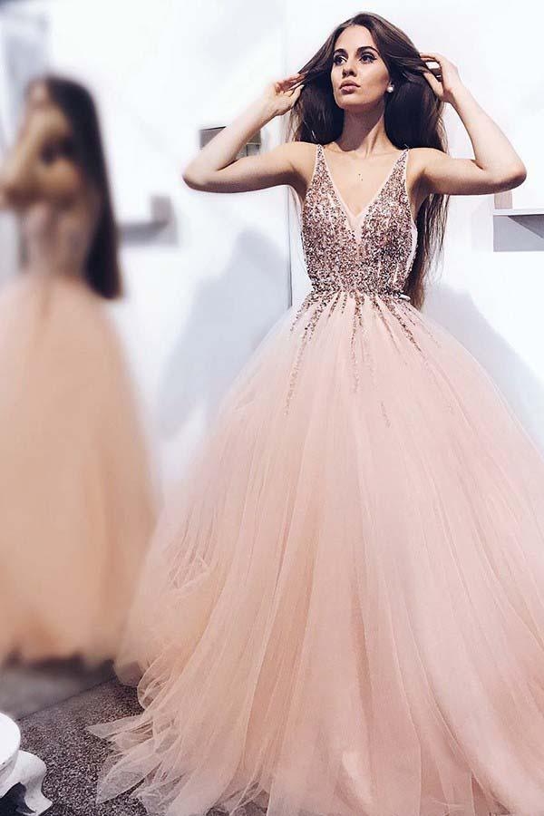 A-Line V-Neck Tulle Backless Prom Dress with Sequins Appliques PG655 - Pgmdress