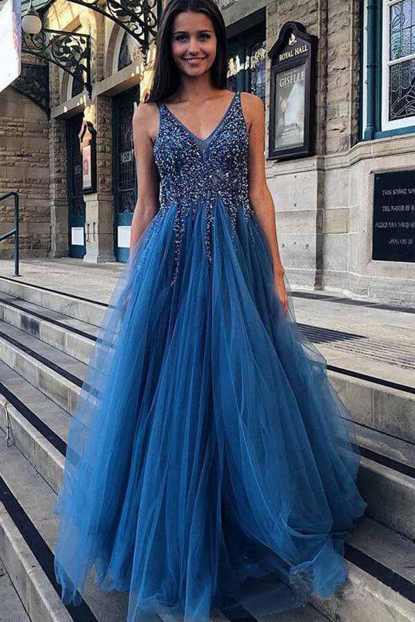A-Line V-Neck Pearl Pink Tulle Prom Dress with Sequins Appliques US4 / Royal blue A-Line V-Neck Pearl Pink Tulle Prom Dress with Sequins Appliques US4 / Royal blue
