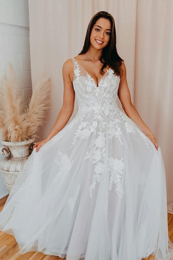 A-Line V Neck Lace Appliques Romantic Wedding Dress Bridal Gown WD480 US6 / White A-Line V Neck Lace Appliques Romantic Wedding Dress Bridal Gown WD480 US6 / White