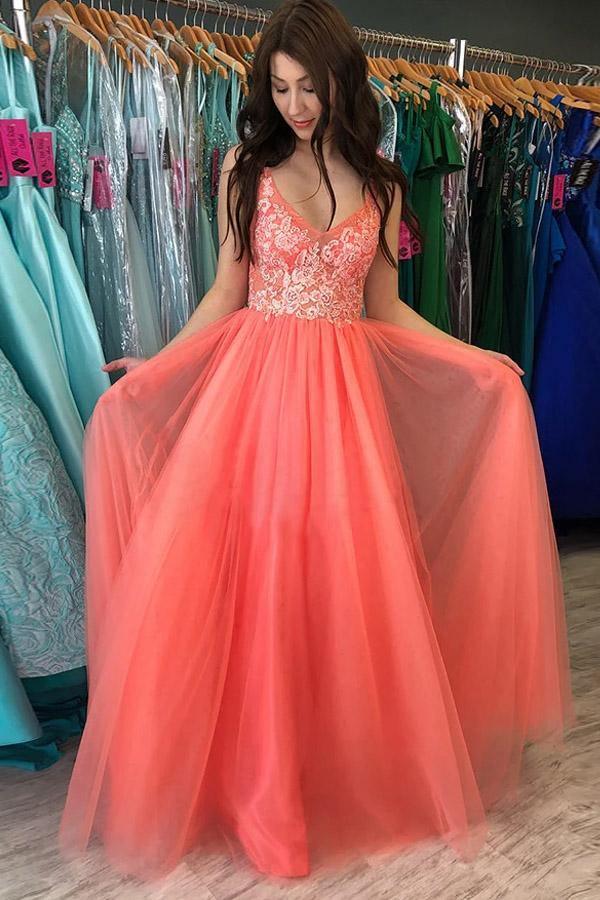 A-line V neck Watermelon Prom Dress With Lace Prom Gowns PSK216 US6 / Custom Color A-line V neck Watermelon Prom Dress With Lace Prom Gowns PSK216 US6 / Custom Color