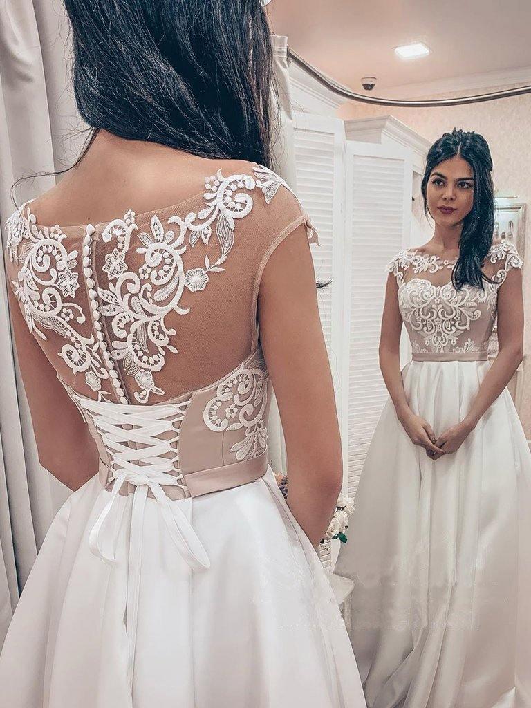 A Line Vintage Lace Bodice Bateau Corset Back Satin Wedding Dress WD523 - Pgmdress