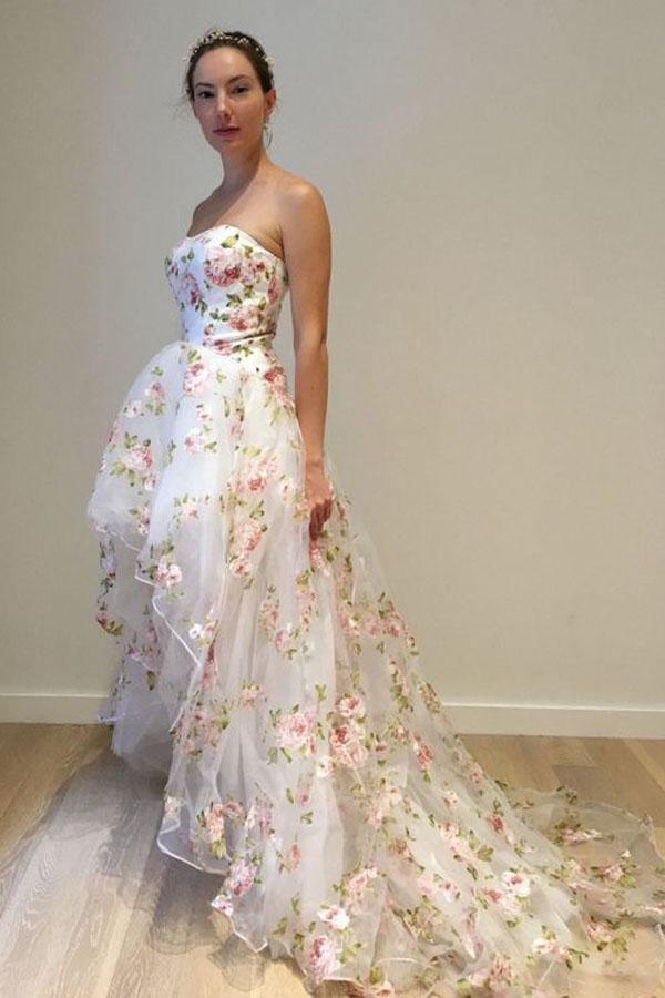 A-Line White High Low Strapless Tulle Appliques Prom Dress PG913 - Pgmdress